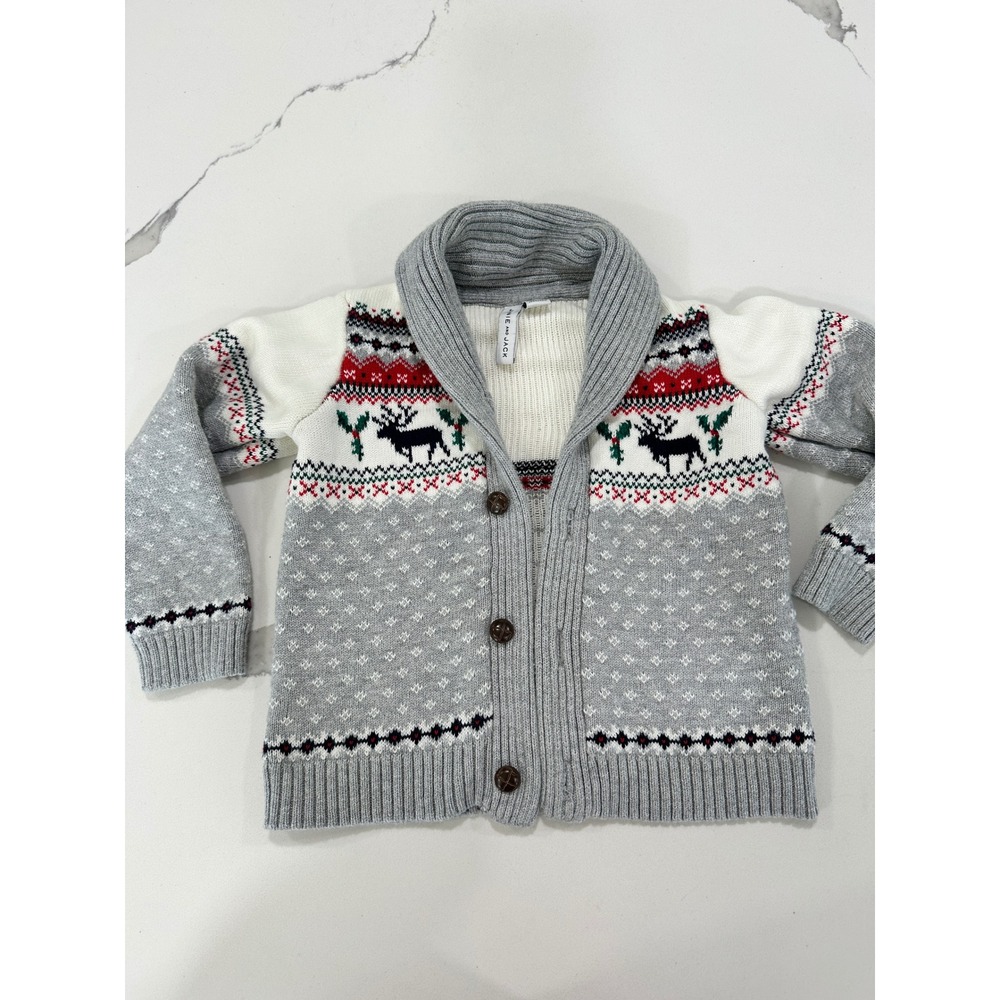 Janie and Jack Kids Gray Fair Isle Reindeer Shawl Collar Cardigan Sweater Size 3